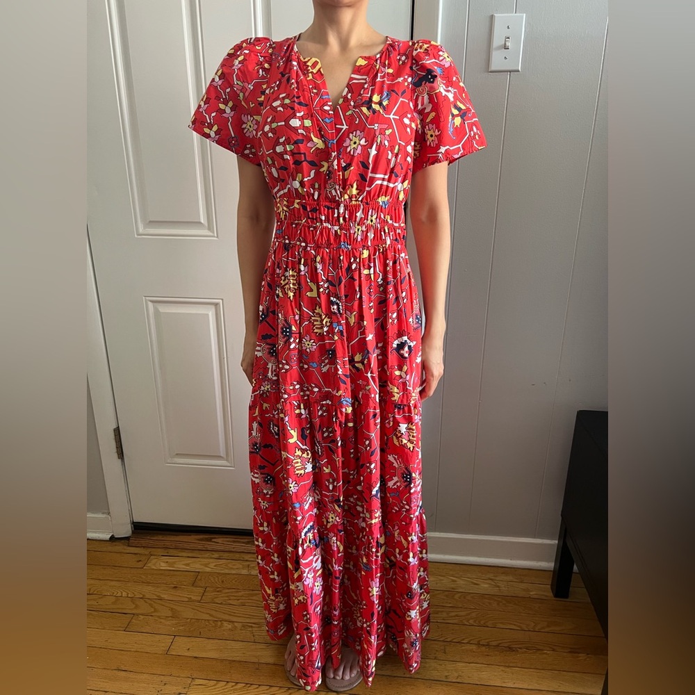 Anthropologie Red and White Flutter Sleeve Maxi Dress
